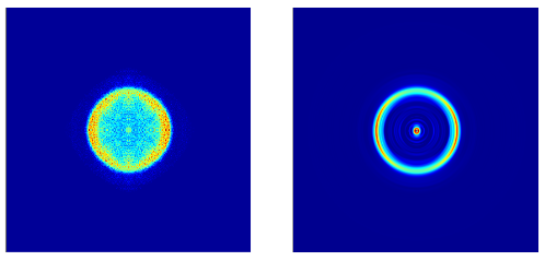 Figure 6: Circularized image of electrons associated with C3H3O (left) and inverted image (right). The inverted image is akin to taking a slice from the center of the 3-D sphere of electrons that was emitted from the molecule when the laser pulse ionized it. This creates much sharper lines and improves the energy resolution.