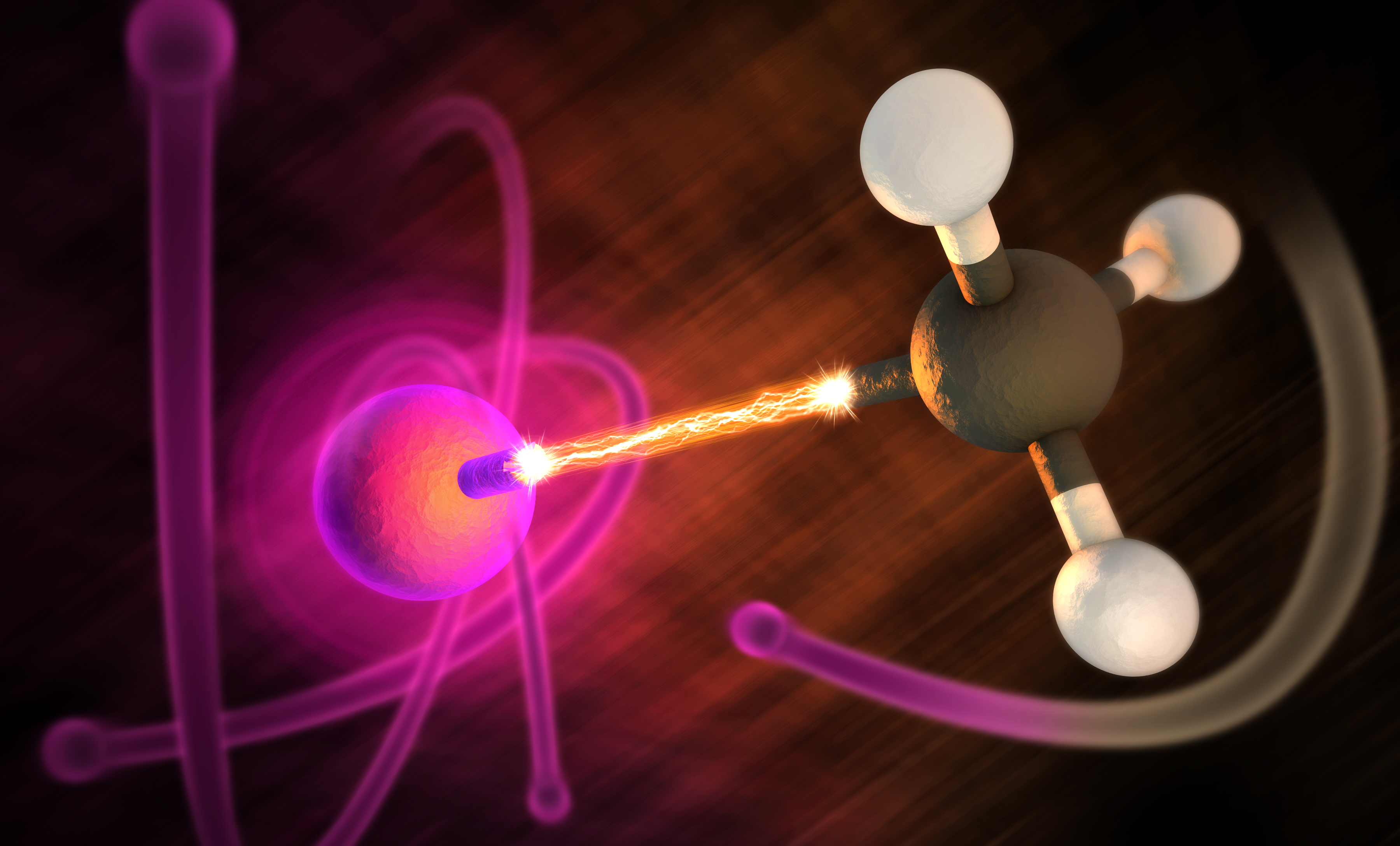 An artistic view of the electron transfer inside an iodomethane molecule. After the interaction with an ultrafast X-ray laser, the electrons from the methyl group, on the right, jump to the iodine atom, on the left.