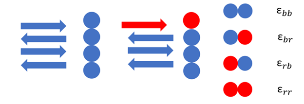 Proteins in a fibril represented as blue or red and their four possible configurations with binding energies. Proteins in a fibril represented as blue or red and their four possible configurations with binding energies.