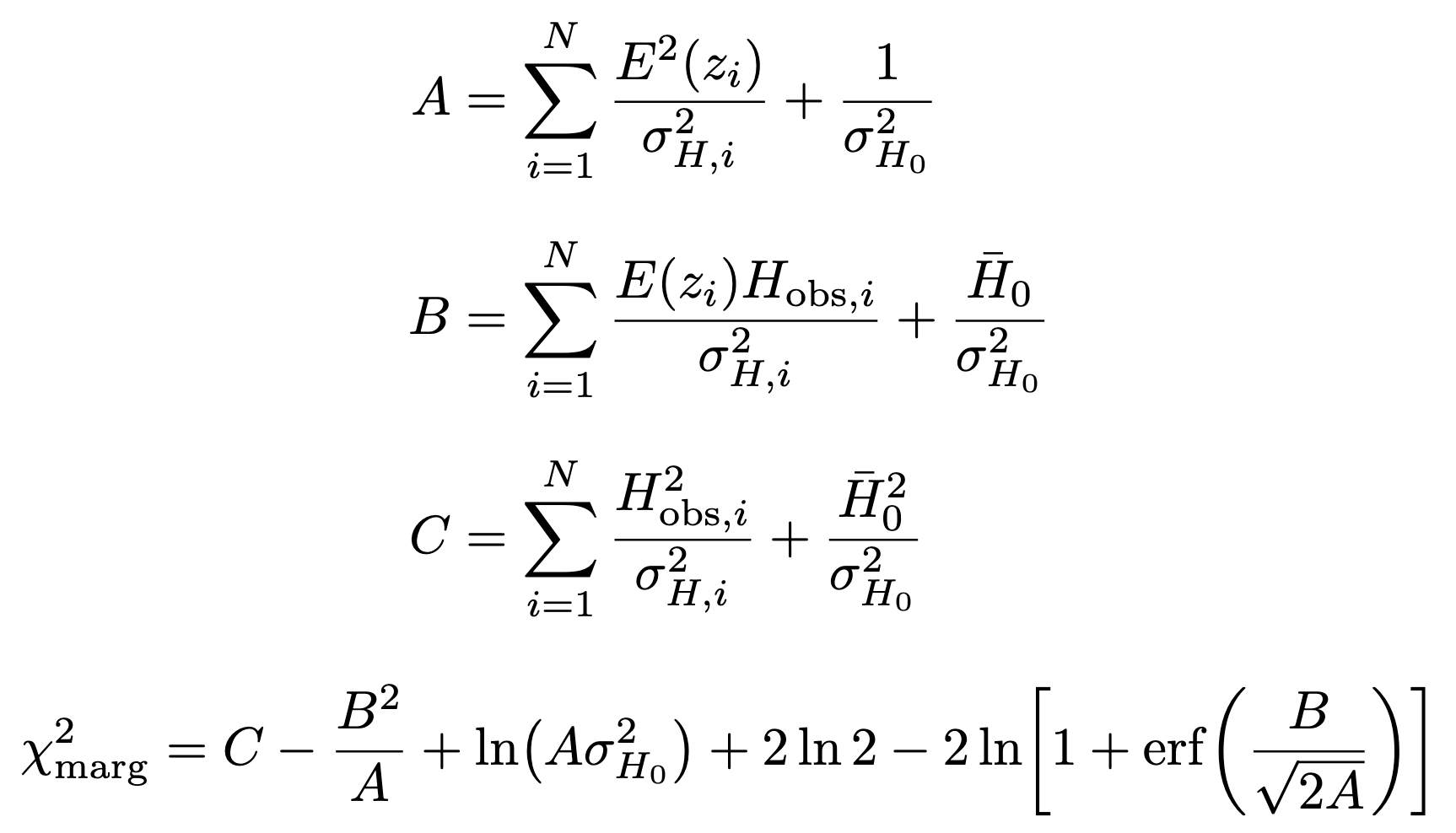 Fig. 2.&nbsp;Marginalization of the H(z) likelihood over the Hubble constant, H0. Here, H̅0 and σH0 are the mean and standard deviation of the Gaussian H0&nbsp;prior, respectively, and erf denotes the error function.