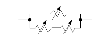 Schematic diagram showing two variable resistors in series, in parallel with a single variable resistor.