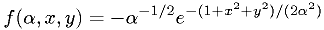 f(\alpha,x,y) = -\alpha^{-1/2} e^{-(1+x^2+y^2)/(2\alpha^2)}