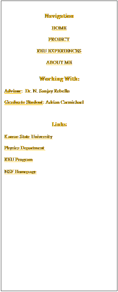 Text Box: Navigation

HOME

PROJECT

REU EXPERIENCES

ABOUT ME
Working With:

Advisor:  Dr. N. Sanjay Rebello

Graduate Student: Adrian Carmichael

Links

Kansas State University

Physics Department  

REU Program

NSF Homepage
