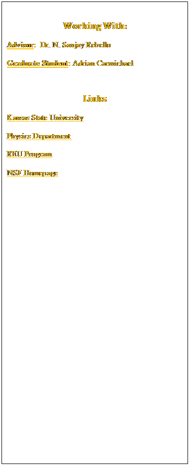 Text Box: Working With:

Advisor:  Dr. N. Sanjay Rebello

Graduate Student: Adrian Carmichael

Links

Kansas State University

Physics Department  

REU Program

NSF Homepage
