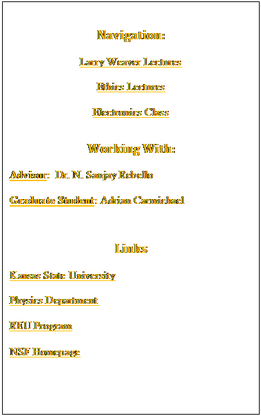 Text Box: Navigation:

Larry Weaver Lectures

Ethics Lectures

Electronics Class
Working With:

Advisor:  Dr. N. Sanjay Rebello

Graduate Student: Adrian Carmichael

Links

Kansas State University

Physics Department  

REU Program

NSF Homepage
