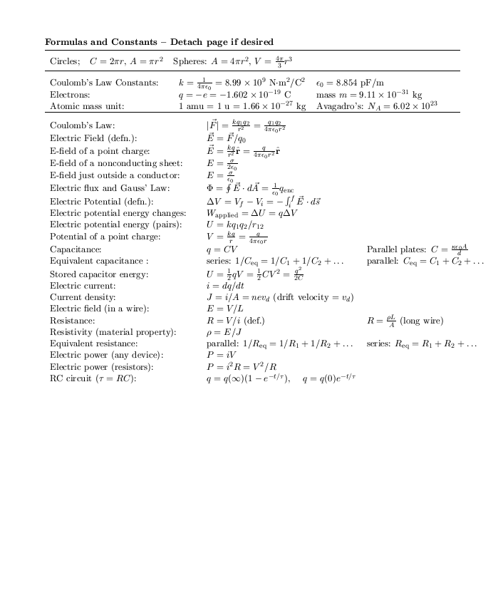 engineering physics ii ksu physics 214 224 physics 101 formula sheet