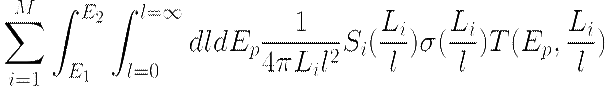 http://latex.codecogs.com/gif.latex?%5Cdpi%7B300%7D%20%5CLARGE%20N%28E_%7B1%7D%3C%20E_%7Bp%7D%3CE_%7B2%7D%29%3D%5Csum_%7Bi%3D1%7D%5E%7BM%7D%5Cint_%7BE_%7B1%7D%7D%5E%7BE_%7B2%7D%7D%5Cint_%7Bl%3D0%7D%5E%7Bl%3D%5Cinfty%20%7DdldE_%7Bp%7D%5Cfrac%7B1%7D%7B4%5Cpi%20L_%7Bi%7Dl%5E%7B2%7D%7DS_%7Bi%7D%28%5Cfrac%7BL_%7Bi%7D%7D%7Bl%7D%29%5Csigma%20%28%5Cfrac%7BL_%7Bi%7D%7D%7Bl%7D%29T%28E_%7Bp%7D%2C%5Cfrac%7BL_%7Bi%7D%7D%7Bl%7D%29P_%7B%5Cnu%7D%28l%29