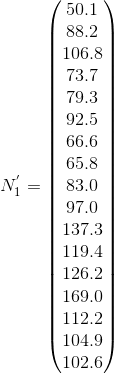 http://latex.codecogs.com/gif.latex?N%5E%7B%27%7D_%7B1%7D%20%3D%20%5Cbegin%7Bpmatrix%7D%2050.1%5C%5C%2088.2%5C%5C%20106.8%5C%5C%2073.7%5C%5C%2079.3%5C%5C%2092.5%5C%5C%2066.6%5C%5C%2065.8%5C%5C%2083.0%5C%5C%2097.0%5C%5C%20137.3%5C%5C%20119.4%5C%5C%20126.2%5C%5C%20169.0%5C%5C%20112.2%5C%5C%20104.9%5C%5C%20102.6%20%5Cend%7Bpmatrix%7D